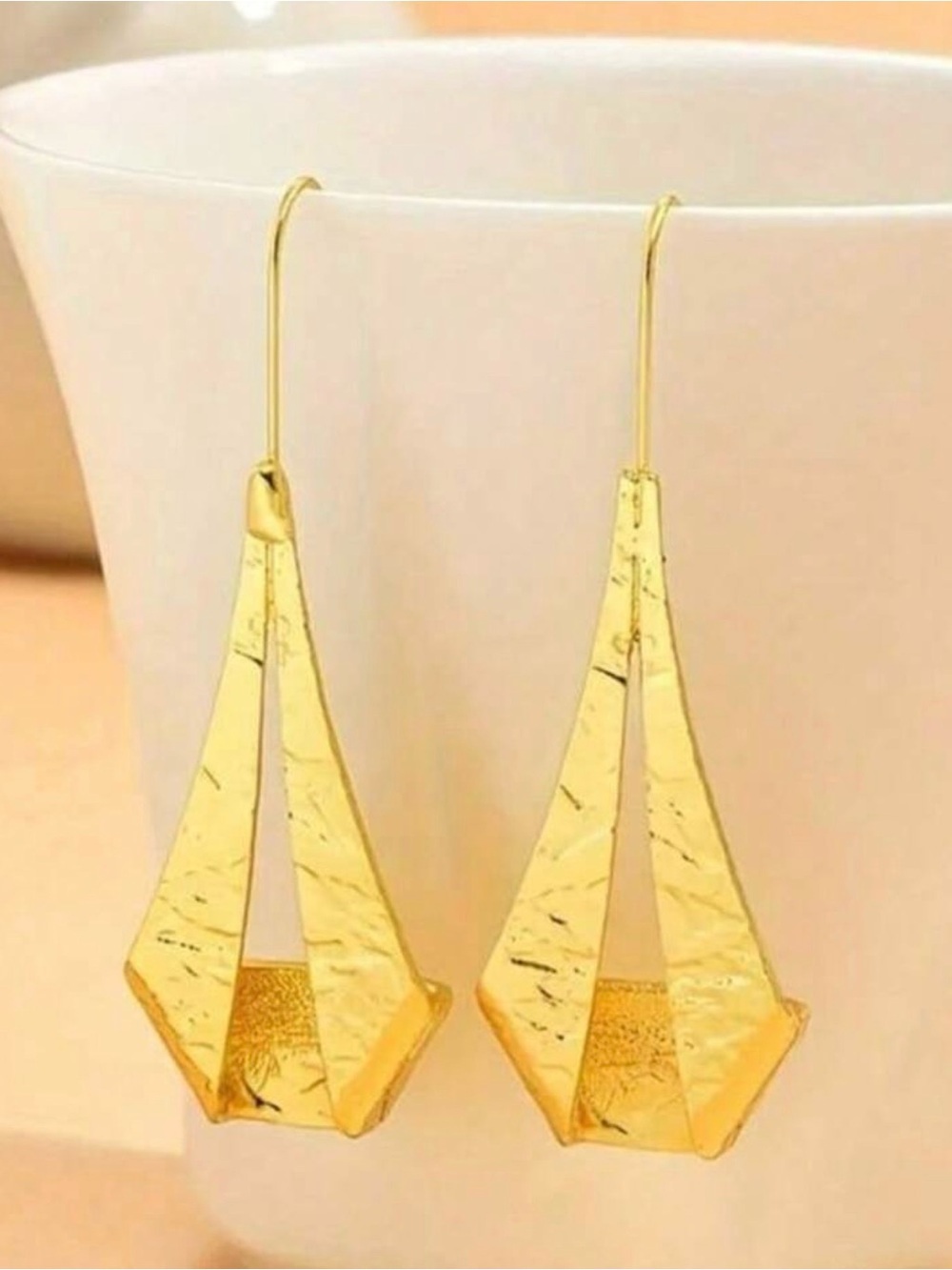 Polished Gold Folded Teardrop Dangle Earrings - Women Jewelry - Picture 3 of 4